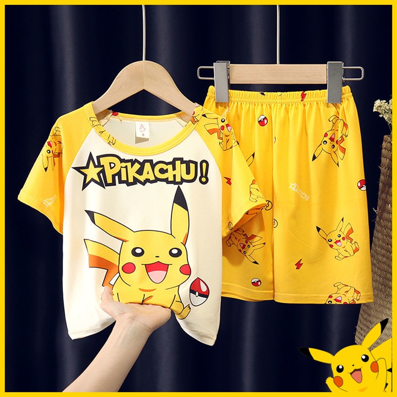 Pokemon Clothes kids Pajamas Short Sleeves Shorts Summer Thin Children's Clothing Boys and Girls Homewear Cartoon Pajamas Pikachu Boys' Pajamas Small, Middle and Big Children Set Combination Two-piece Air Conditioning Clothes