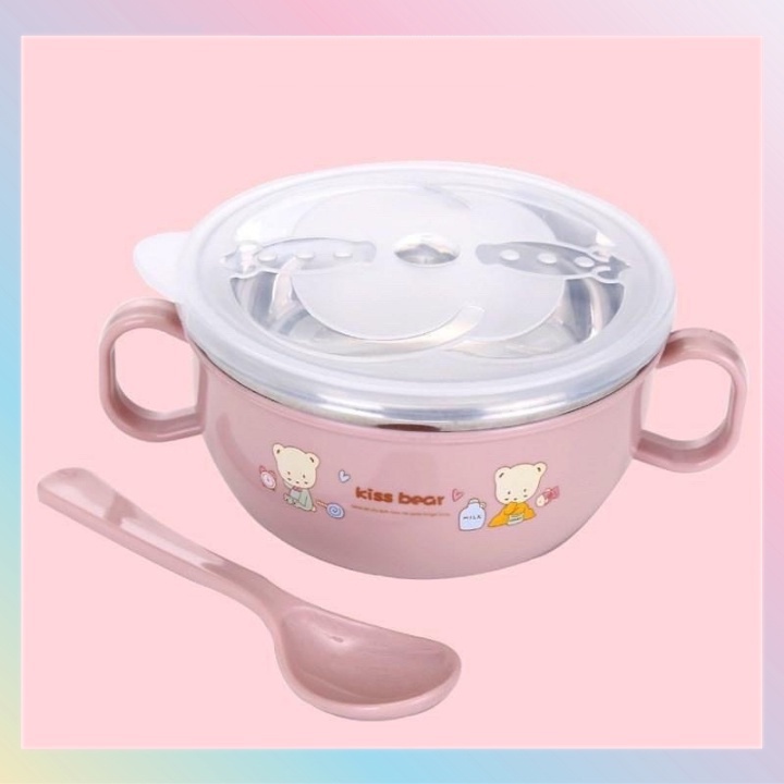 Bát ăn dặm inox cách nhiệt có nắp đạy và tay cầm kèm thìa cho bé