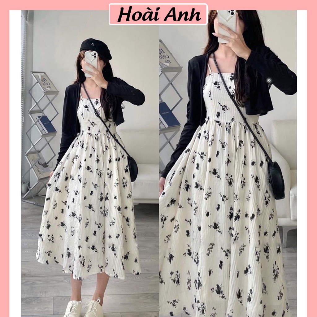 Set Váy 2 Dây Babbydoll Hoa Nhí Vải Đũi Dáng Dài Maxi Mix Áo Khoác Thun Cadigan Freesize