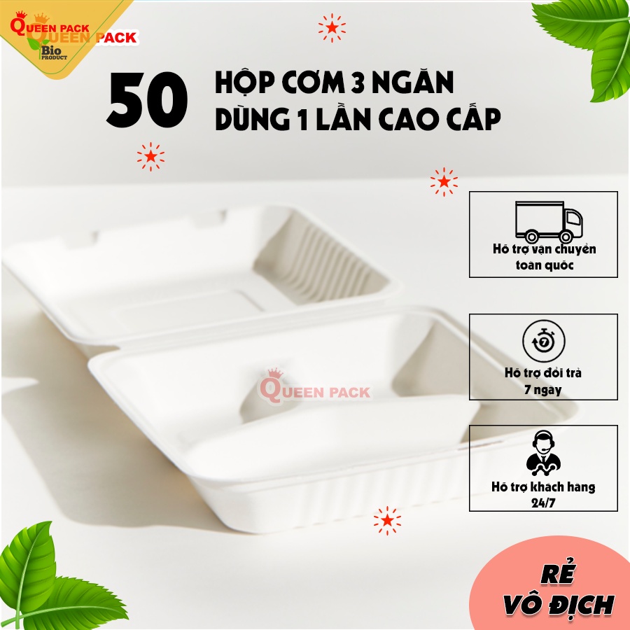 50 Hộp Cơm Bằng Bã Mía 3 Ngăn Nắp Liền Dùng Đựng Cơm, Thức Ăn