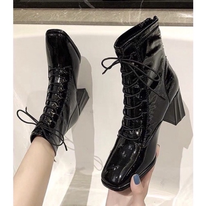 Giày boots nữ gót vuông da bóng thời trang , bốt nữ cao gót da sịn 2 màu siêu xinh