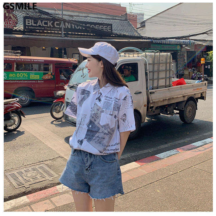 Áo sơ mi tay ngắn in họa tiết Harajuku phong cách Hàn Quốc cho nam/nữ | BigBuy360 - bigbuy360.vn