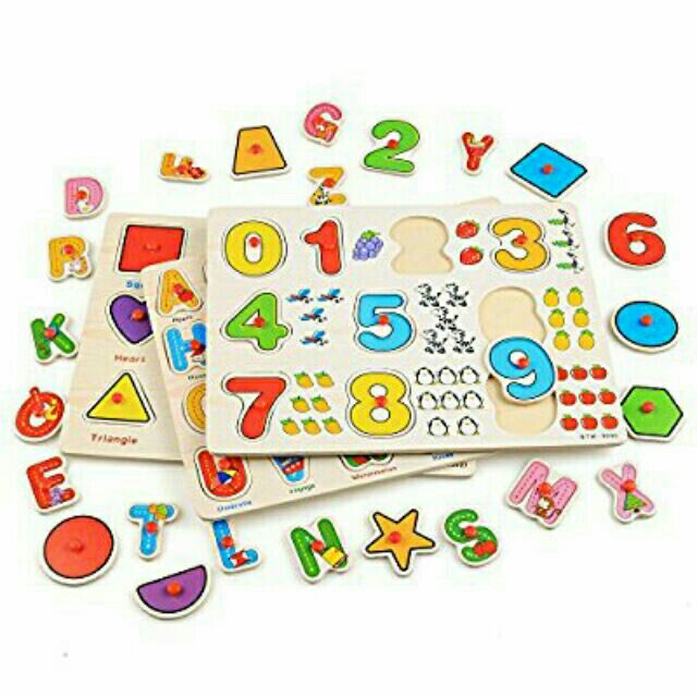Bảng đồ chơi ghép gỗ có núm bảng chữ cái, bảng số, bảng hình tiếng Anh