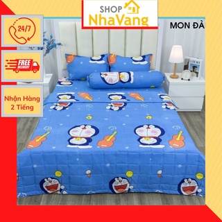 Bộ ga gối 1m4/1m5/1m6x2m,set 3 món vải cotton poly-mẫu doremon đàn