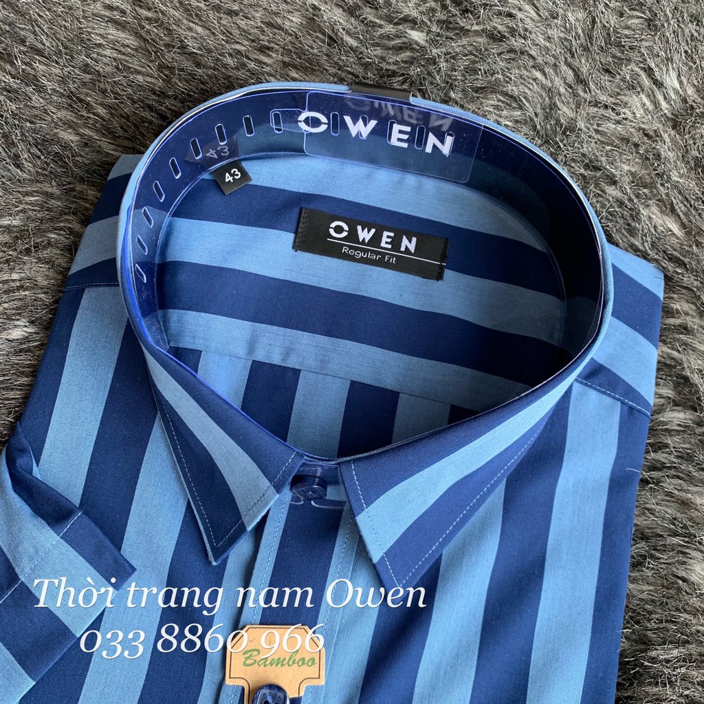 OWEN - Áo sơ mi ngắn tay Owen Regular fit chất sợi tre kẻ sọc xanh 22663 | BigBuy360 - bigbuy360.vn