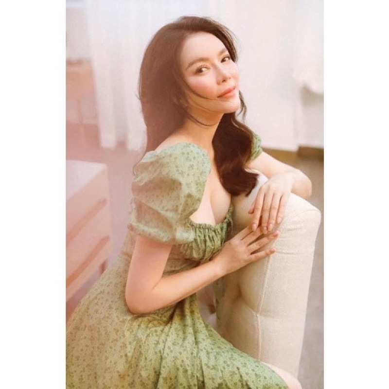 Váy Hoa Xanh nhí Xẻ tà dây rút buộc Ngực, Đầm hoa Tiểu thư