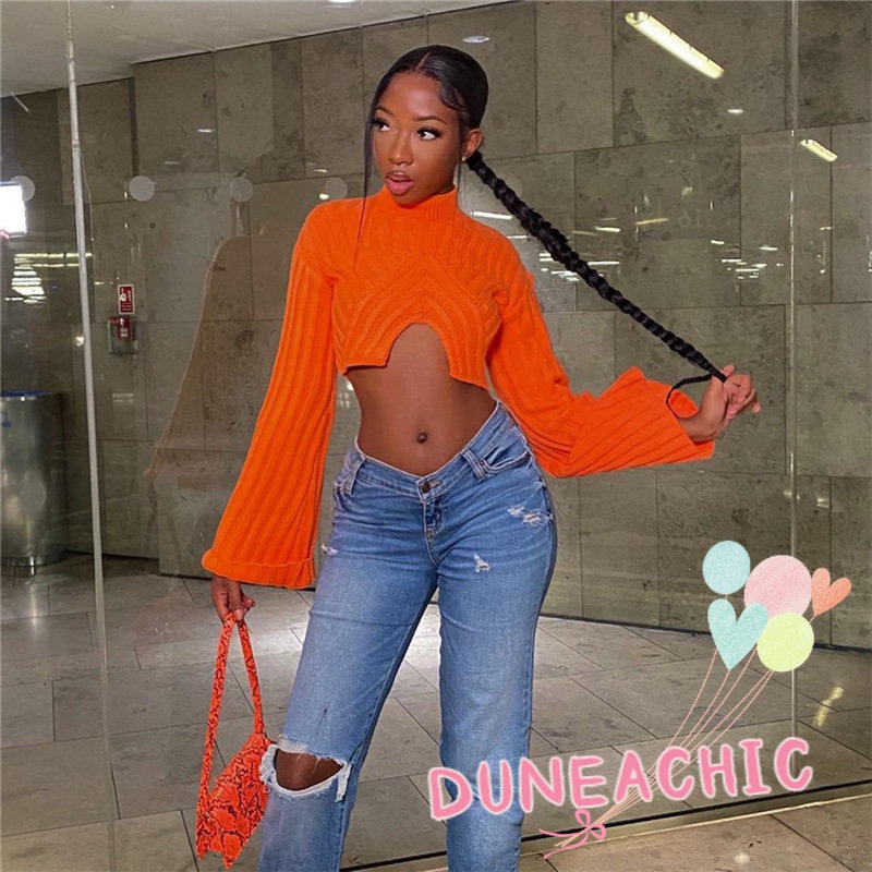 DUNEA Áo Sweater Dệt Kim Tay Loe Cổ Tròn Thiết Kế Quyến Rũ Cho Nữ