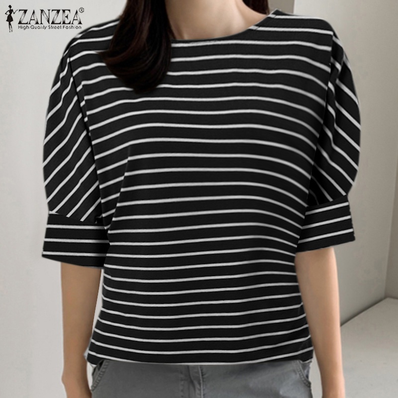 Áo thun ZANZEA tay lửng 3/4 họa tiết sọc ngang thời trang cho nữ