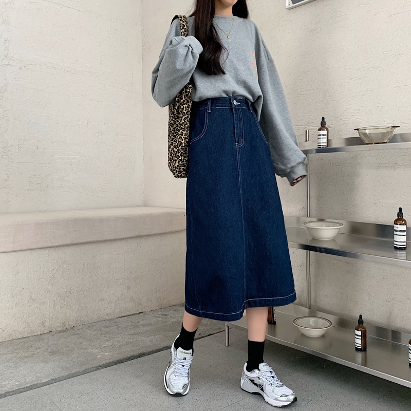 Chân váy bò denim MORAN cạp cao dáng dài A-line style retro khâu chỉ nổi vintage