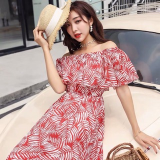 Váy maxi trễ vai hoạ tiết lá