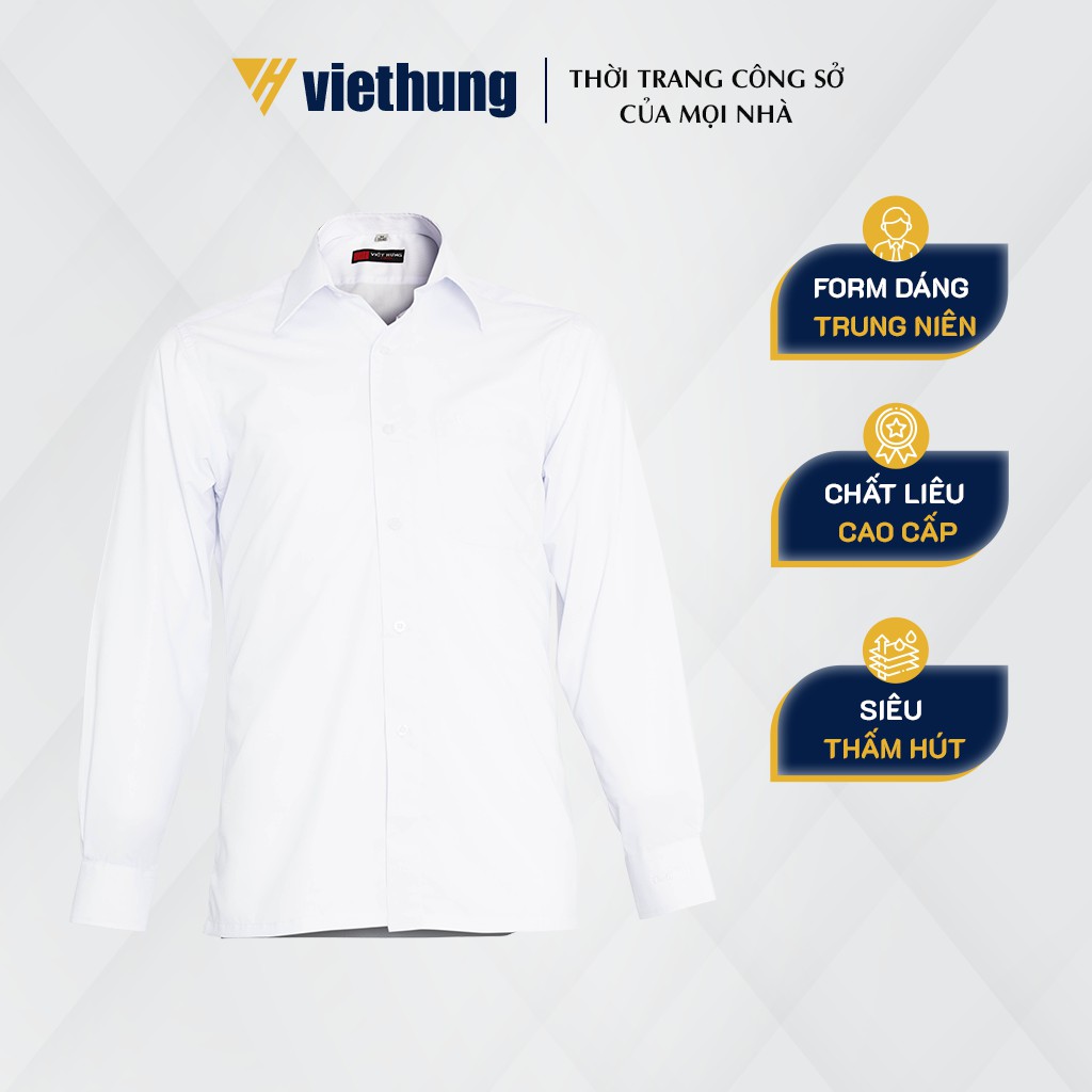 Áo Sơ Mi Nam Dài Tay Công Sở VIỆT HƯNG Chất Vải Ion Mỹ Màu Trắng Kiểu Dáng Suông Cổ Điển Vạt Ngang MS03