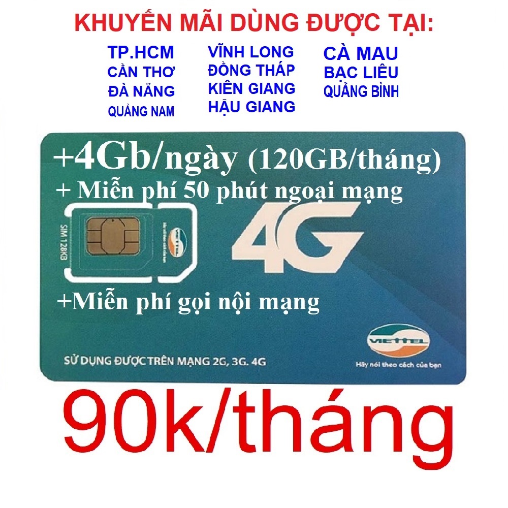 Sim 4G Viettel V120Z (V90 2021)-(90k/tháng: 4Gb/ngày, Gọi miễn phí nội mạng, 50ph ngoại mạng). KM chỉ dùng tại 11 tỉnh.