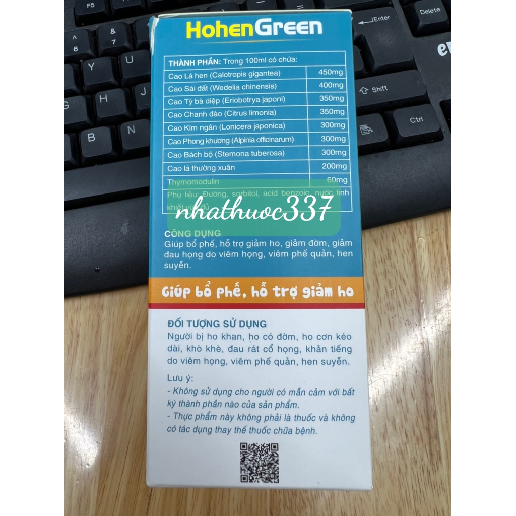 Siro ho HOHEN GREEN với Cao Lá Thường Xuân, Cao Lá Hen, Cao Chanh Đào hỗ trợ hen, giảm ho khan, ho đàm.