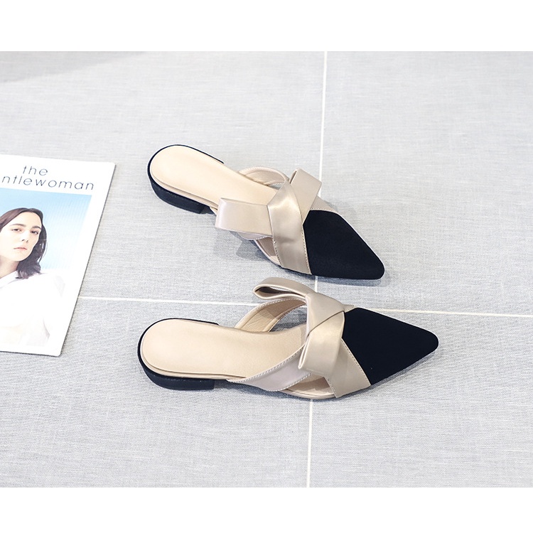 Dép Muller Nữ Đế Bệt Mũi Nhọn Đính Nơ Thời Trang