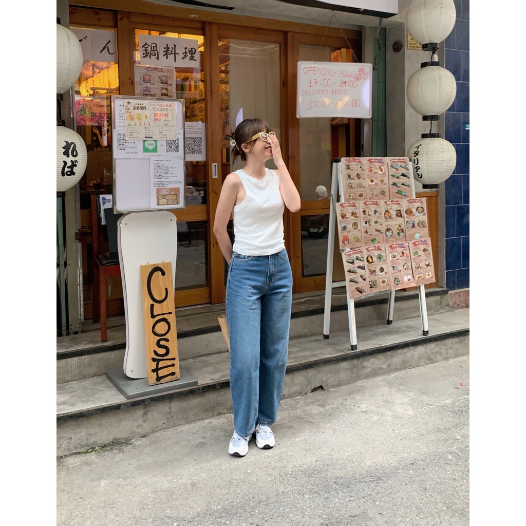 Quần Jeans Nữ Lưng Cao Ống Suông Rộng Màu Xanh Wash Đùi LDL-102B