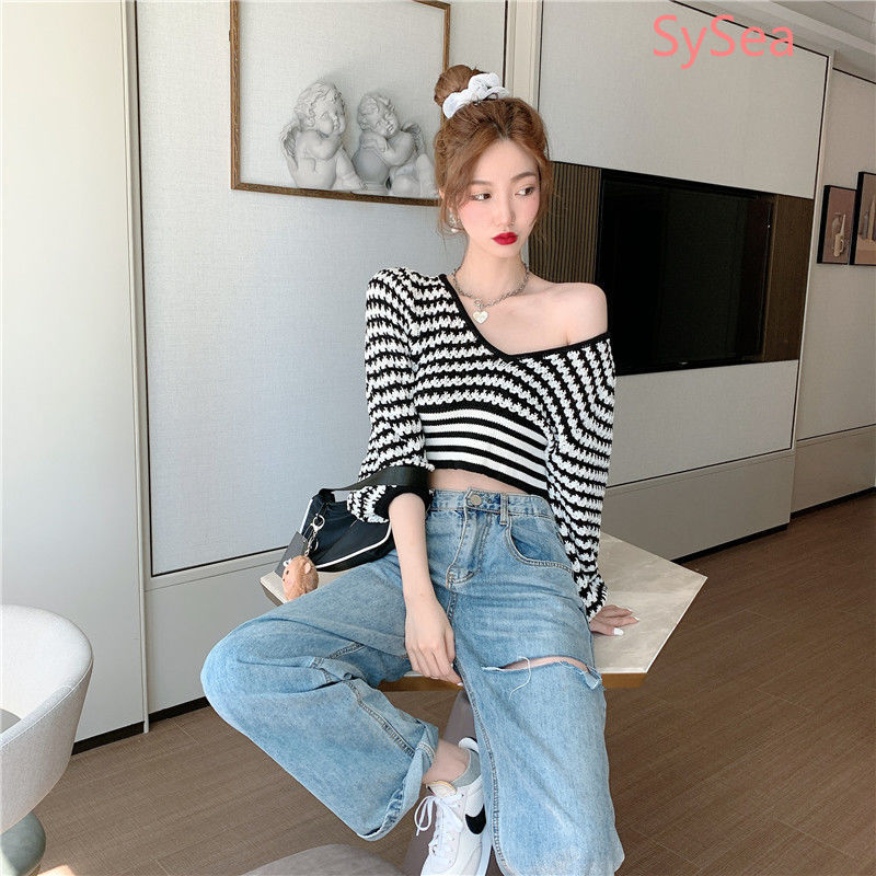 Áo Sweater Dệt Kim Tay Dài Cổ Chữ V Phong Cách Retro Cho Nữ