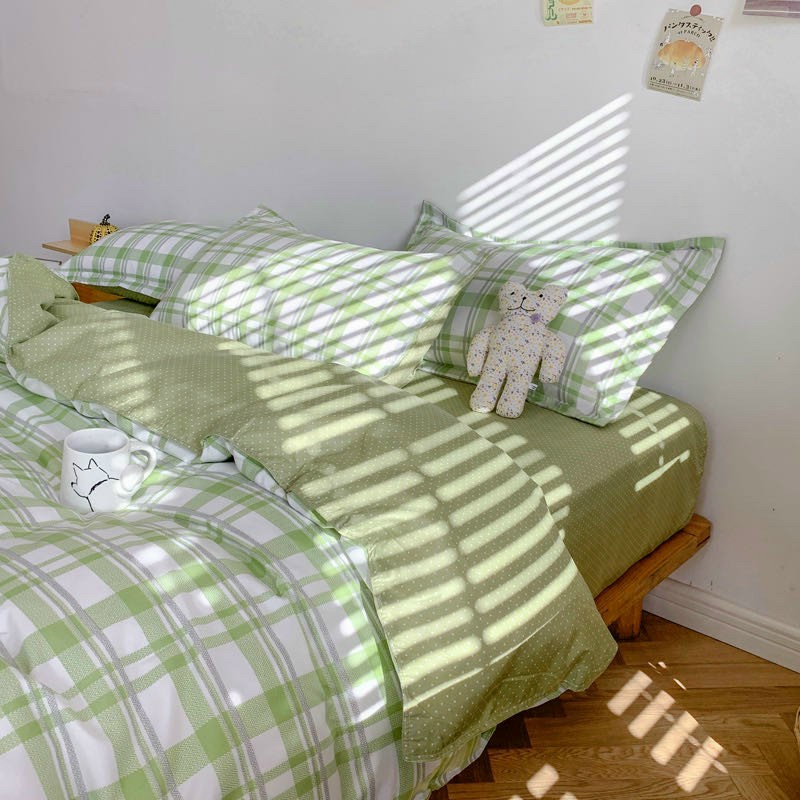 Bộ chăn ga gối Poly Cotton kẻ Hàn Quốc cho người yêu đơn giản (Tặng vỏ gối ôm) - Miễn phí bo chun