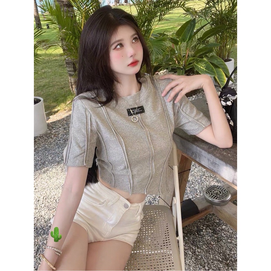 Áo Thun Gân Dày Croptop Cổ Tròn Ngắn Tay kèm Thêu Chữ Phối Viền Sọc TTPK0468