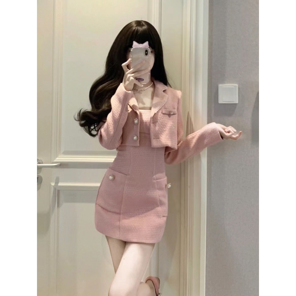 Bộ Áo Khoác + Đầm Hai Dây Dáng Chữ a Phong Cách Hàn Quốc Thời Trang Cho Nữ