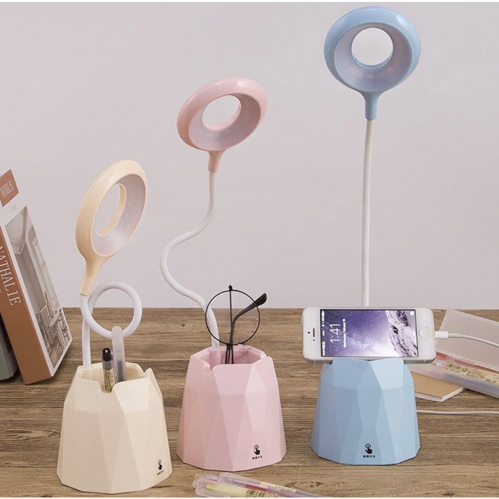 Đèn Bàn Tích Điện có giá để điện thoại cổng sạc USB đèn học chống cận.