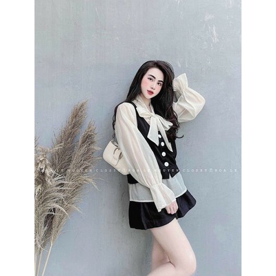 Áo sơ mi nơ pha khuy to dáng mới