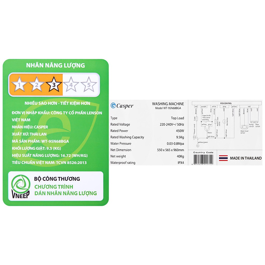 [MIỄN PHÍ GIAO HÀNG - LẮP ĐẶT] WT-95N68BGA - Máy giặt Casper 9.5 kg WT-95N68BGA