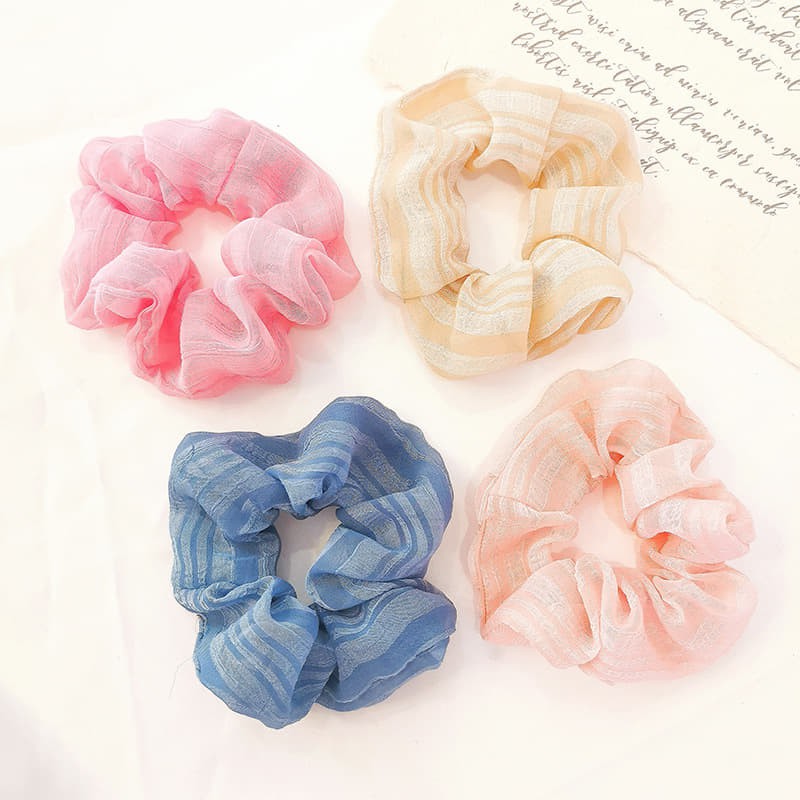 Chun buộc tóc scrunchies vải voan kẻ sọc