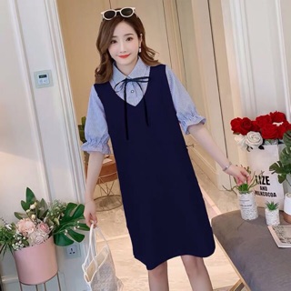 Đầm váy denim suông giả set liền pha tay kẻ bo thun phối dây nơ ruy băng
