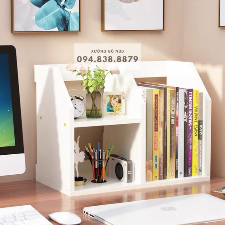 Giá Sách Để Bàn, Kệ Sách Để Bàn Làm Việc 3 Ngăn Vát Đầu, Gỗ MDF Chống Ẩm, Chống Mối Mọt