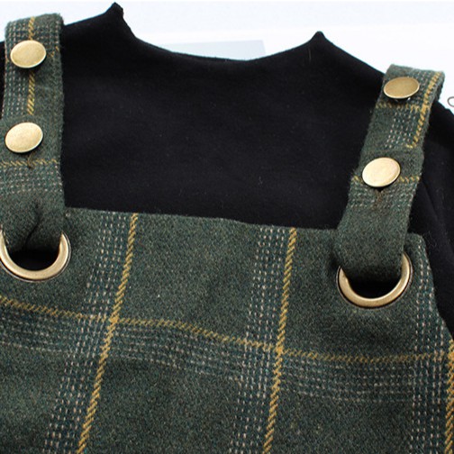 Korean Girls Dress Set Autumn Kids Long Sleeve Blouse + Strap Plaid Short Dress Casual Set