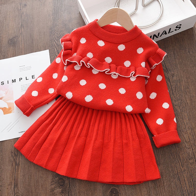 Set đồ giáng sinh BEAR LEADER 2 món gồm áo sweater tay dài in chấm bi và váy xếp ly cho bé gái