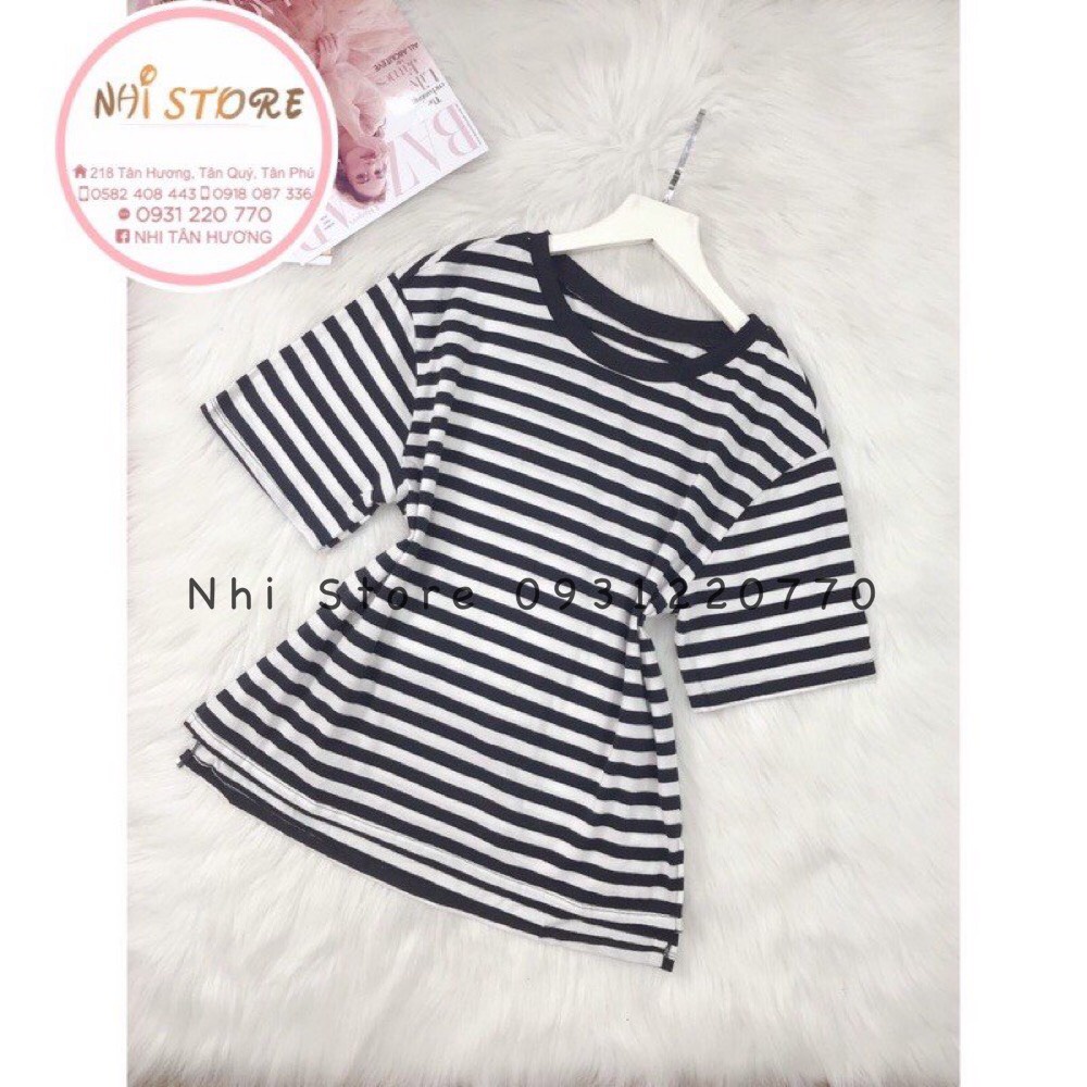 [FREESHIP 50K] [ẢNH THẬT +VIDEO THẬT ] [GIÁ SỐC ] ÁO THUN CỔ TRÒN NỮ NHISTORE  SỌC TRẮNG ĐEN  FORM RỘNG DƯỚI 60KG