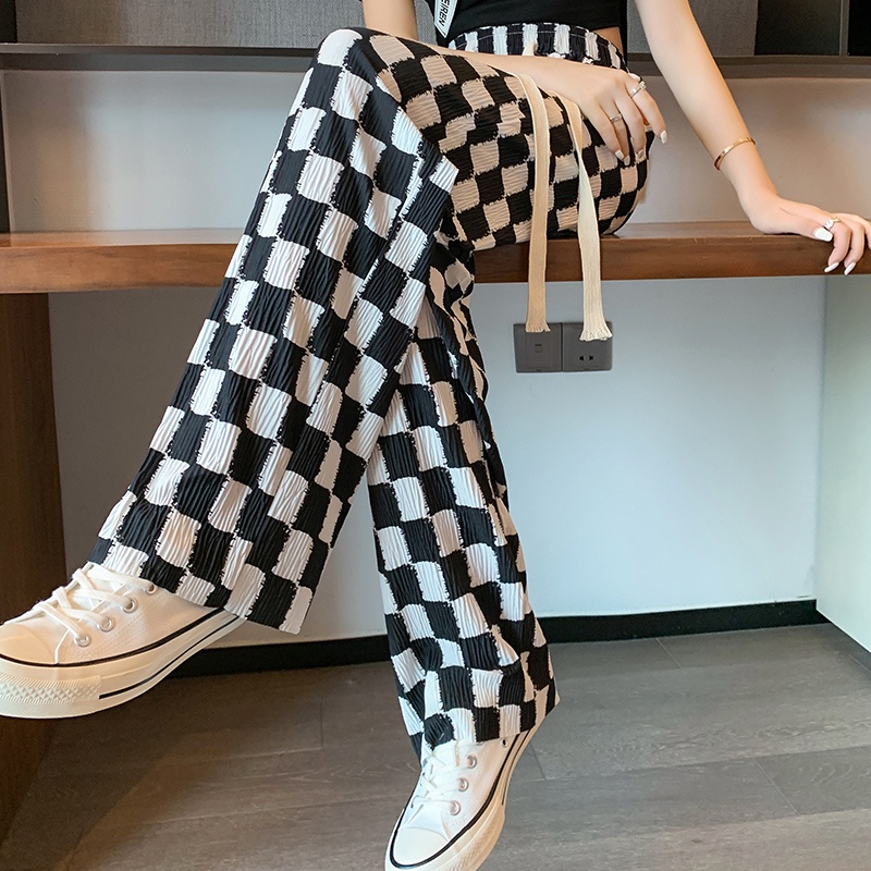 SUXI Quần Dài Lưng Cao Ống Rộng Họa Tiết Sọc Caro Thời Trang Mùa Hè Cho Nữ