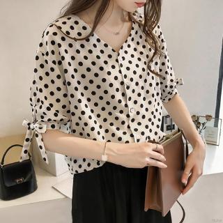 Áo sơ mi tay lỡ cổ V họa tiết chấm bi thời trang cho nữ
