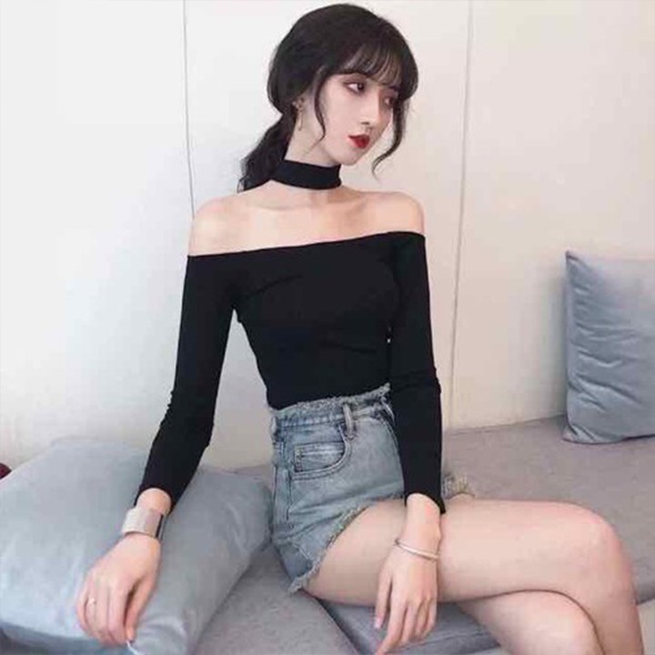 Áo Trễ Vai Cổ Choker Dài Tay Chất Liệu Cotton Thoáng Mát Nhiều Màu Freesize dưới 55kg