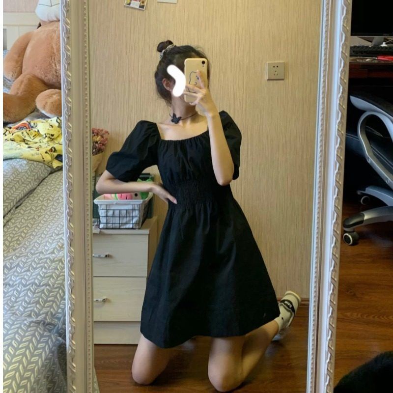 Đầm cổ vuông chiết eo kiểu Retro Pháp dễ thương
