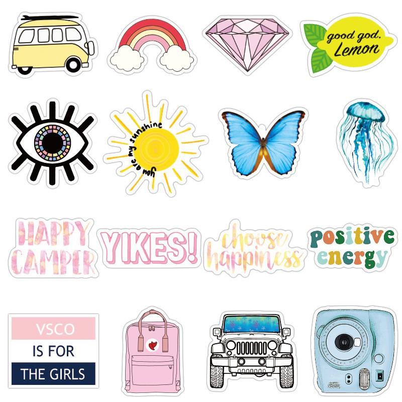 SET 50 MIẾNG STICKER DỄ THƯƠNG CUTE PASTEL HỒNG XANH DƯƠNG VÀNG CHỐNG NƯỚC DÁN NÓN BẢO HIỂM LAPTOP VALI TỦ