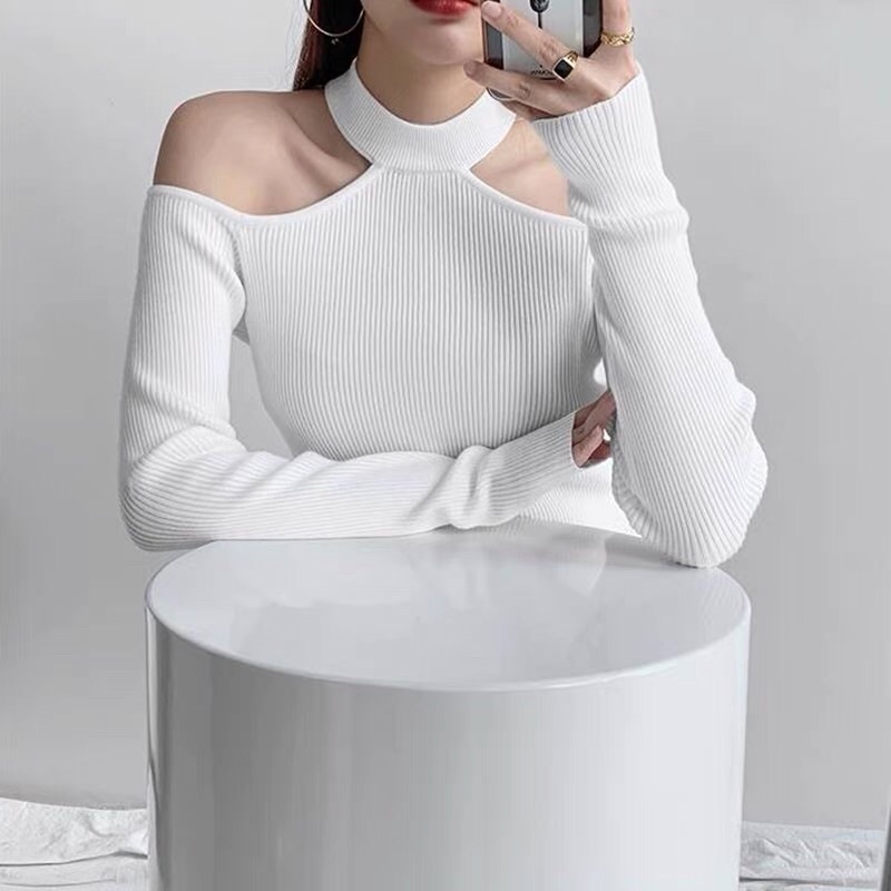 Áo thun kiểu croptop tay dài phối dây hở hai bên vai sexy