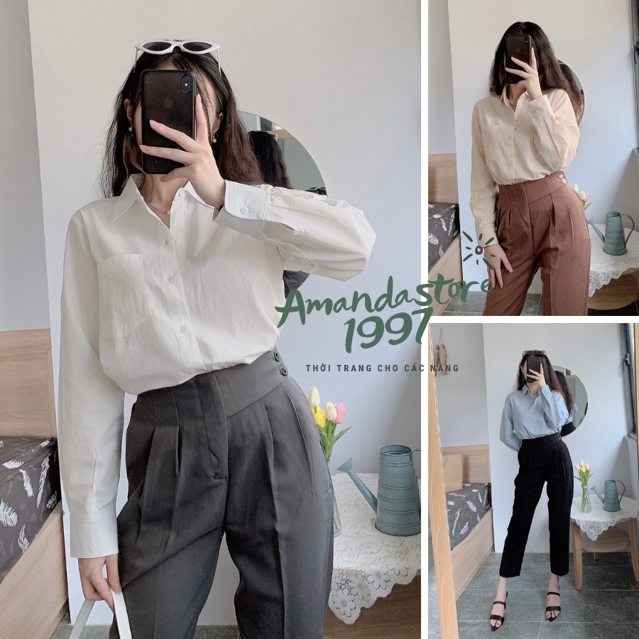 [AMANDA] Áo sơ mi nữ trắng dài tay chất lụa hàn oversize. Áo sơ mi đuôi tôm nhiều màu (freesize)