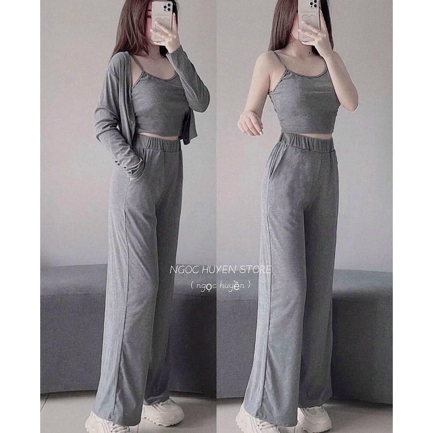 Sét Đồ Bộ Thời Trang Nữ 3 Món Áo Trong 2 Dây + Áo Khoác Ngoài Tay Dài Đính Nút + Quần Dài Ống Rộng