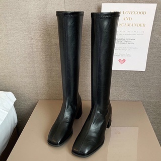 Boot Nữ Boot Đùi Da Mũi Vuông Khóa Sau Gót 5cm