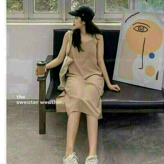 [9.9  Sales Freeship] Đầm voan basic trơn màu 2 dây xẻ tà, đầm maxi cổ vuông dáng dài qua gối đơn giản xinh xắn