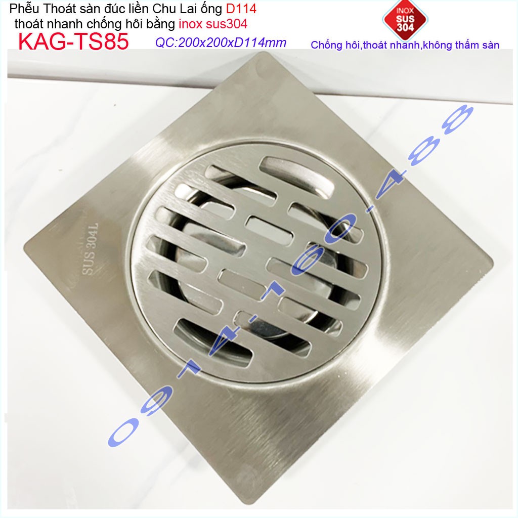 Hố ga thoát sàn Chu lai KAG-TS85 ống 11.4cm Inox 304 đúc dày, phễu thoát nước 20x20cm D114 thoát nhanh chống hôi tốt