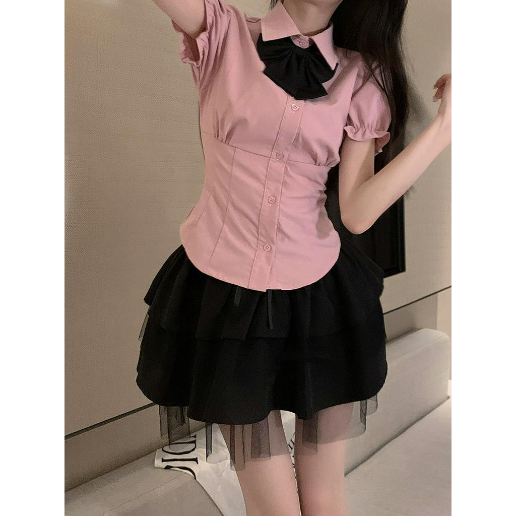 Bộ Đồng Phục Áo Sơ Mi Phối Chân Váy Eo Cao Buộc Dây Kiểu Nhật Bản Thời Trang Mùa Hè 63137