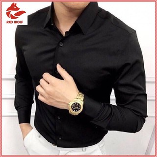 Áo sơ mi nam dài tay Hàn Quốc áo sơ mi đen vải lụa thái chống nhăn cao cấp