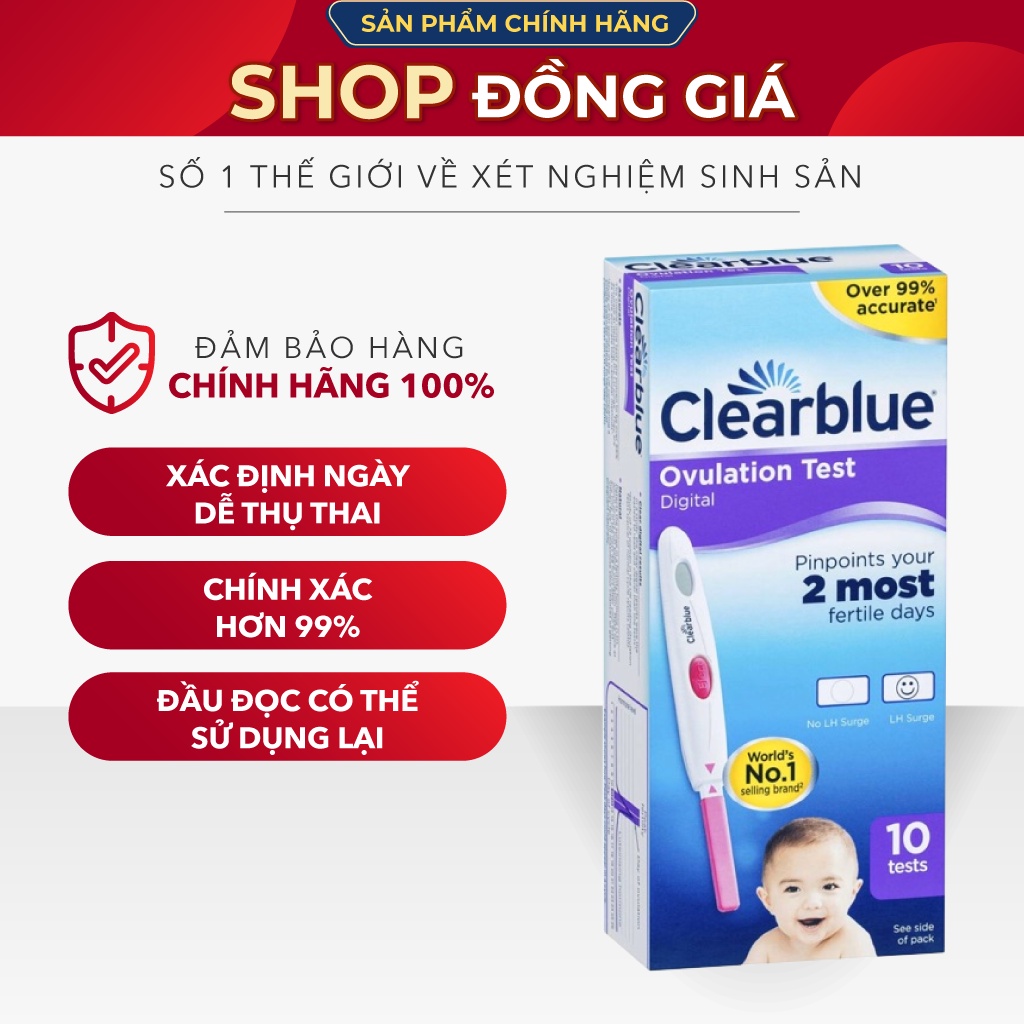 Que thử rụng trứng điện tử hộp 10 que, que thử điện tử chính xác 99% Clearblue Digital Ovulation Test 2 Most