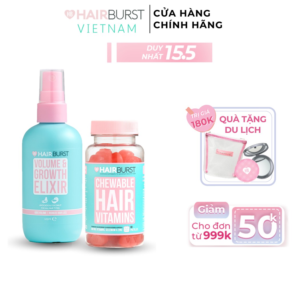 [Mã FMCG100K - 10% đơn 500K] Combo Kẹo Dẻo + Xịt Dưỡng Làm Phồng, Kích Thích Mọc Tóc HAIRBURST 125ml + 60 Viên
