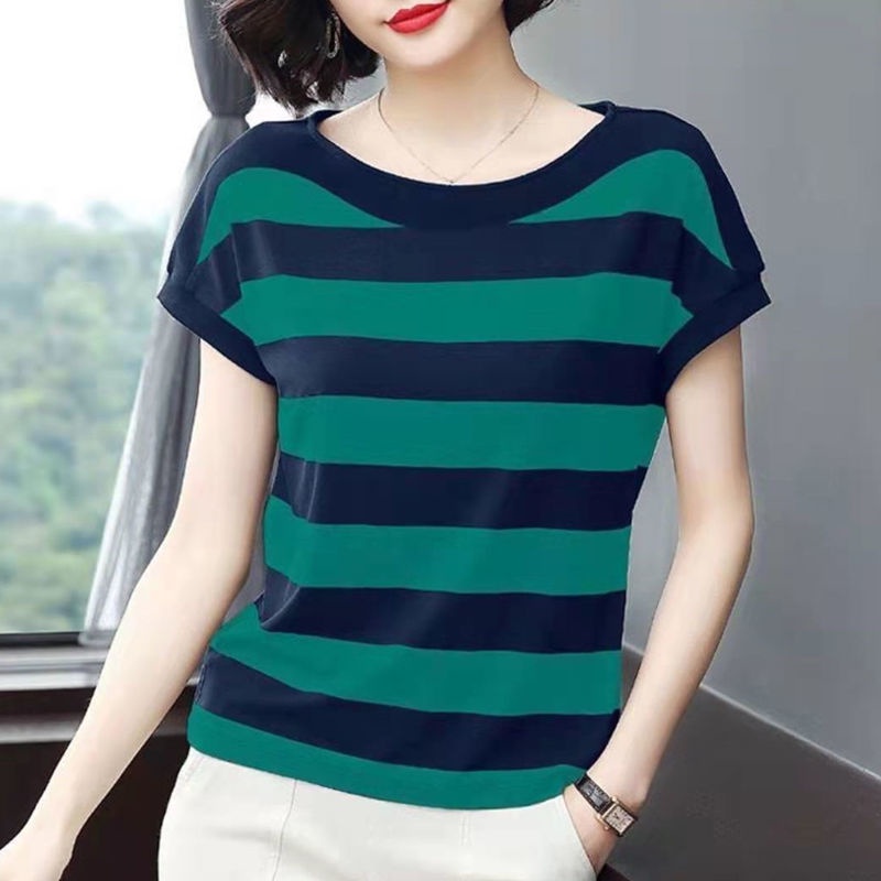 Áo thun tay ngắn dáng rộng họa tiết kẻ sọc thời trang mùa hè cho phụ nữ trung niên