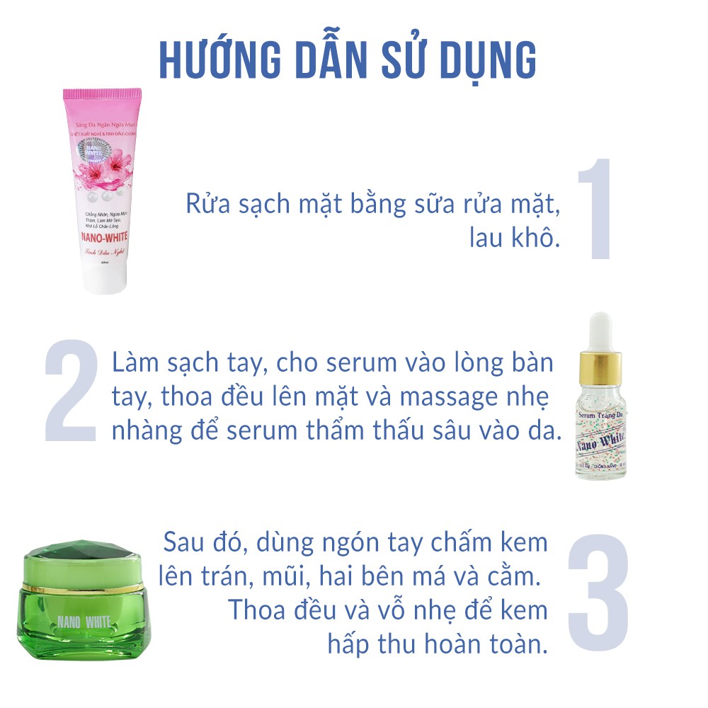 Bộ kem dưỡng trắng da giữ ẩm, se khít lỗ chân lông Nano White gồm kem và serum, tặng sữa rửa mặt - Mỹ phẩm Mộc Lan