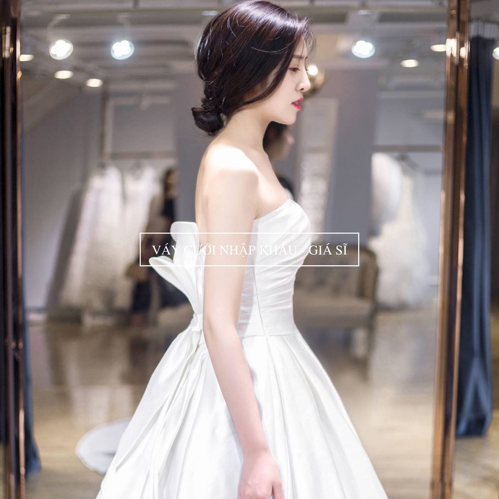 Váy cưới satin cô dâu, váy cưới cup ngực xòe form A, form siết eo tùy chỉnh